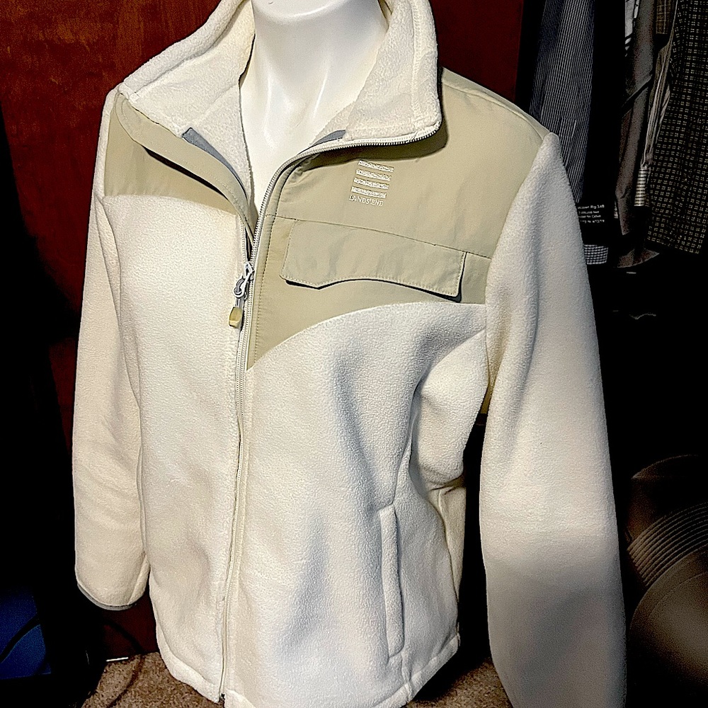 Lands End  light beige woman’s fleece jacket with nylon accents -Large